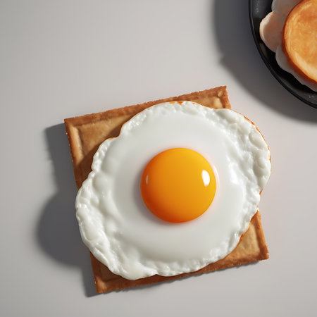 Fried eggs on toast bread. Top view, 3d renderの素材