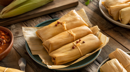 Mexican tamales on a rustic wooden table with chili sauceの素材