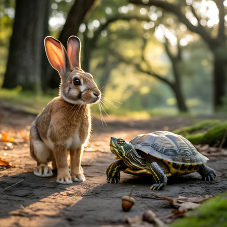 Rabbit and turtle on the ground in the forest at sunset.の素材