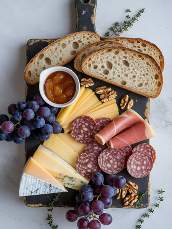 Assortment of cheese, ham, salami and grapes on wooden boardの素材