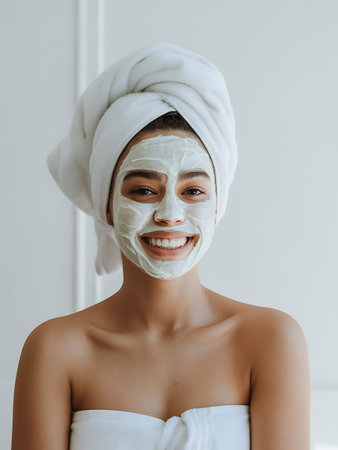 beautiful young woman with cosmetic mask on face and towel on head smiling at cameraの素材