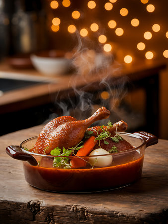 Bowl of goulash with chicken and vegetables on wooden tableの素材