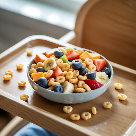 Healthy breakfast bowl with cereal, fruit and berries on wooden trayの素材