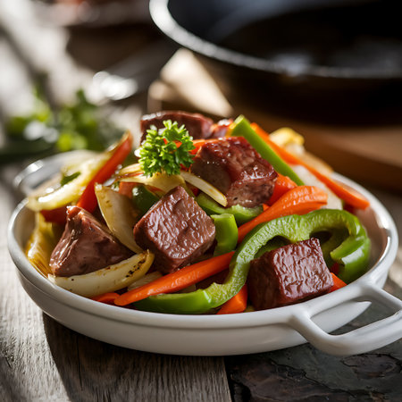 beef stewed with vegetables in a frying pan, selective focusの素材