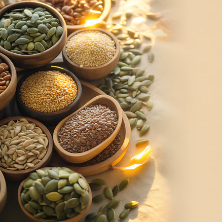 Assortment of grains and seeds in wooden bowls on light background, closeupの素材