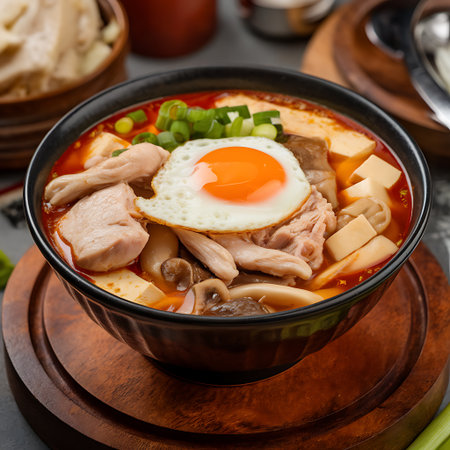 Japanese miso soup with pork, egg and mushrooms in a bowlの素材