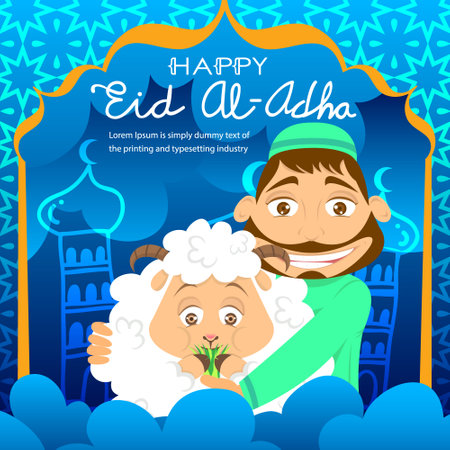 happy eid al adha happy eid mubarak with the sacrificial sheep wishes poster greeting islamic celebrationのイラスト素材