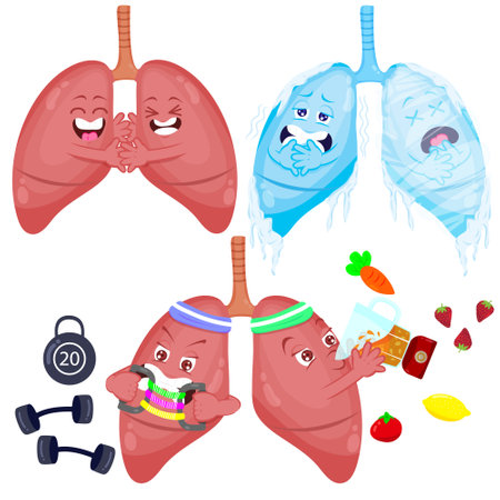 healthy lungs in daily activities and expressions vector setのイラスト素材