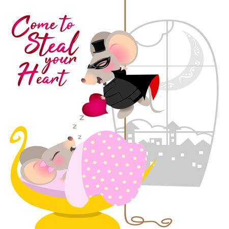 cute mouse couple valentine's day romantic illustrator vector setのイラスト素材