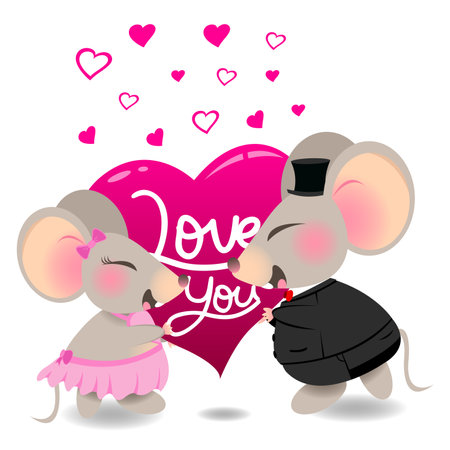 cute mouse couple show their love valentine's day romantic illustrator vector setのイラスト素材