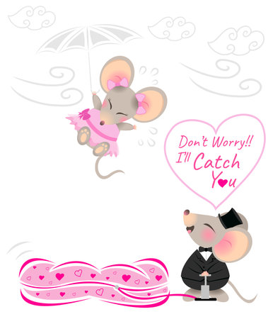 cute mouse mouse catch his girl romantic illustration valentine day vector setのイラスト素材