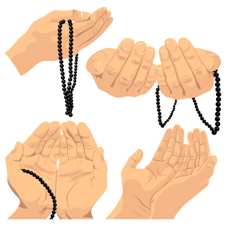 a set of hands with prayer beads on a white backgroundのイラスト素材