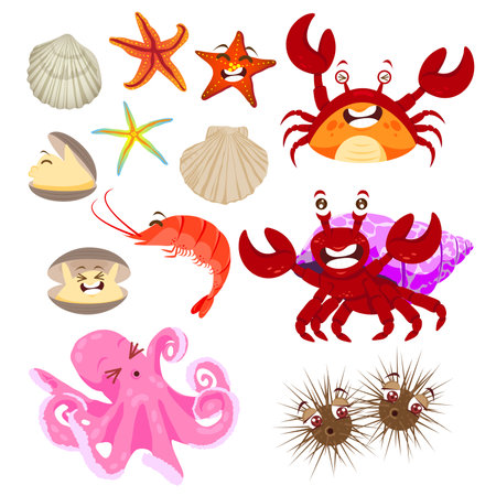 Set of cute cartoon crabs and sea animals. Vector illustration isolated on white background.のイラスト素材