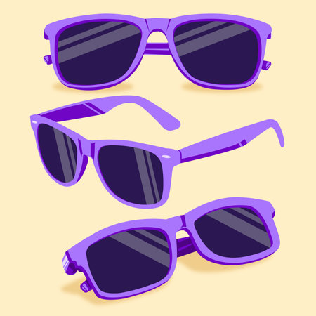 Sunglasses on a yellow background. Sunglasses in many sides. Vector illustration in cartoon style.のイラスト素材
