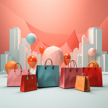 3d render of colorful shopping bags with balloons and city skyline backgroundの素材