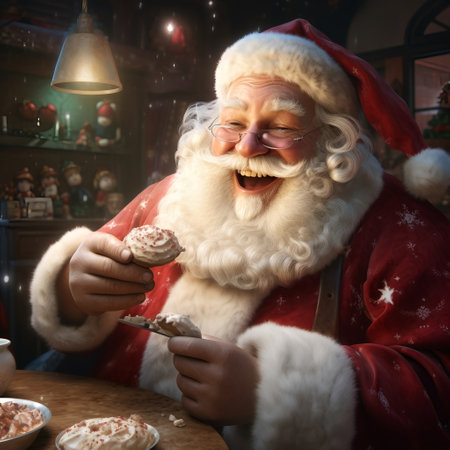 Santa Claus is eating cookies in a cafe. Christmas and New Year concept.の素材