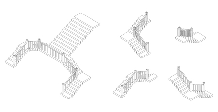 Isometric outline stairs plan with a rail. Vector illustration.のイラスト素材