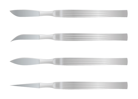 Realistic Scalpel Blade set. Medical instruments. Metallic Surgery equipment. Isolated vector.のイラスト素材