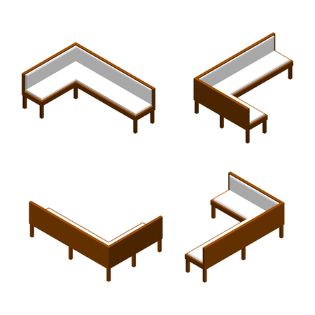 Isometric wooden corner bench in different projections. Vector sofa illustration.のイラスト素材