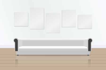 Realistic white long soft sofa with reflection on the floor. Luxury couch and pictures on the wall. Modern living room, office or lounge. Vector illustration.のイラスト素材