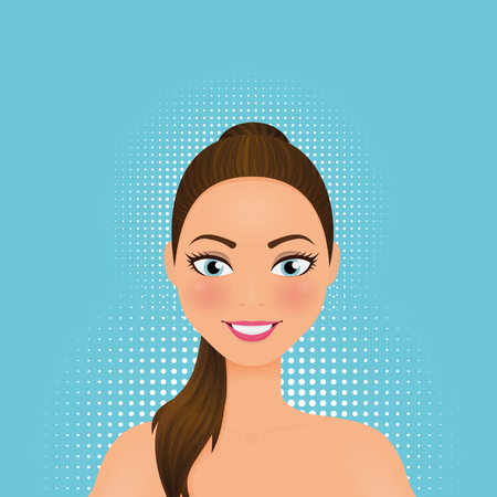 Pretty woman face. Smiling girl with a hair tail and red cheeksのイラスト素材