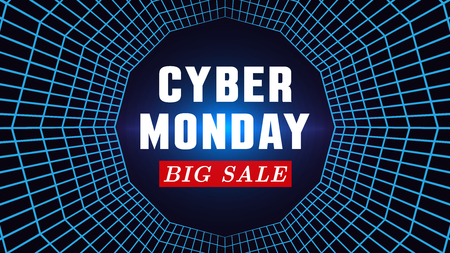 Cyber monday sale banner with grid tunnel. Smart technology concept of discount offer. Vector design template.のイラスト素材