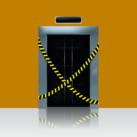 Broken out of order elevator. Vector illustration of elevator shaft with caution ribbon.のイラスト素材