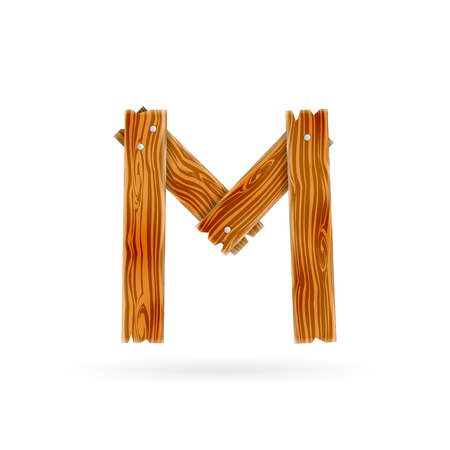 Letter M icon. Rough wooden plank icon. Isolated vector rustic conceptのイラスト素材