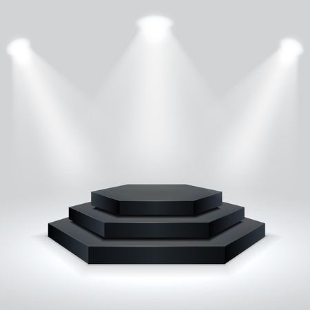 Hexagon podium illuminated by spotlights. Empty ceremony pedestal. Vector illustration.のイラスト素材