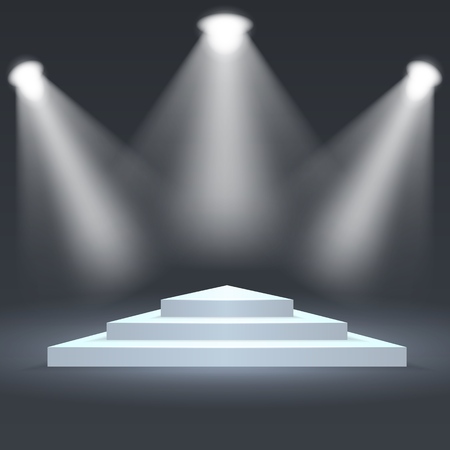 Triangle podium illuminated by spotlights. Empty ceremony pedestal. Vector illustration.のイラスト素材