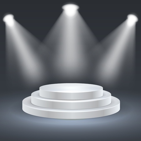 Round podium illuminated by spotlights. Empty ceremony pedestal. Vector illustrationのイラスト素材