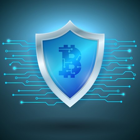 shield with a bitcoin sign. Safe cryptocurrency banking concept. Blockchain technology vector illustration.のイラスト素材