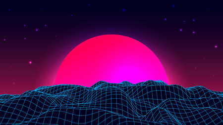 Wireframe background landscape. 1980s retro wave style. Sci-Fi futuristic vector illustration of sunrise or sunsetのイラスト素材