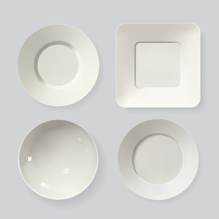 Realistic white plate and bowl set. Top view dishes vector illustrationのイラスト素材