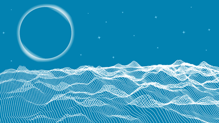 Futuristic wireframe space landscape with eclipse on background. Vector digital illustration from wave white lines. Blue geometric abstraction.のイラスト素材