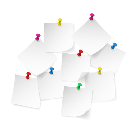 Realistic colored pin push with note paper. Vector illustration of white stickers.のイラスト素材