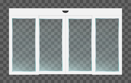 Realistic pvc white automatic transparent closed sliding glass doors with motion sensor. Vector illustration of panoramic entranceのイラスト素材