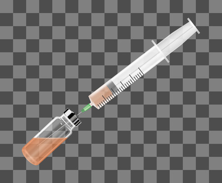 Realistic transparent plastic disposable syringe with needle and vaccine vial. Medical vector illustrationのイラスト素材