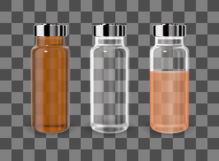 Realistic transparent brown and white empty medicine vial. Vector mockupのイラスト素材