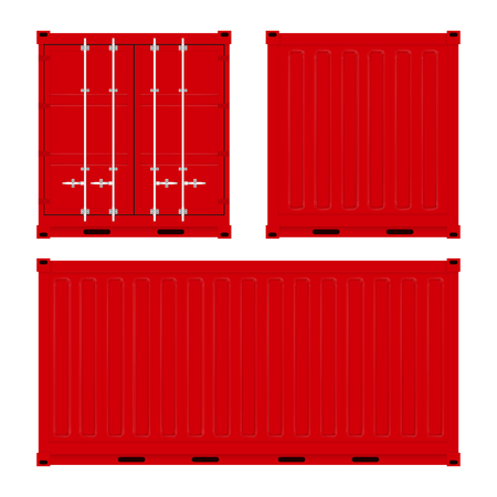 Red cargo shipping container set. Back, front and side view. Vector illustrationのイラスト素材
