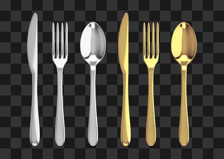 Golden and silver fork, knife and spoon. Realistic vector cutlery illustration.のイラスト素材