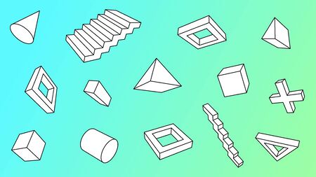 Black and white 3d shapes set. Outline vector design elements.のイラスト素材