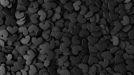 Heap from many small black hearts. Valentine day design concept. Love background. 3D rendering...