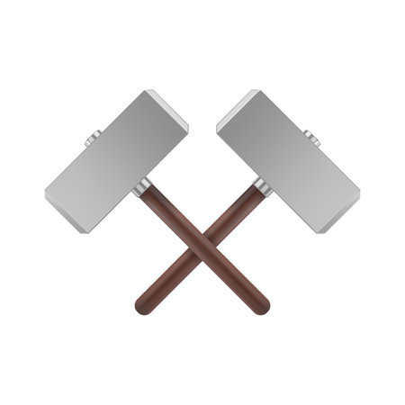 Realistic crossed metal hammers with wooden handle. Weapon of Thor icon. Vector illustration