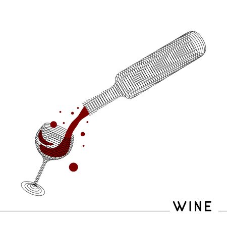 Bottle of pouring wine in a glass.Abstract alcohol banner design. Simple outline vector illustration.のイラスト素材