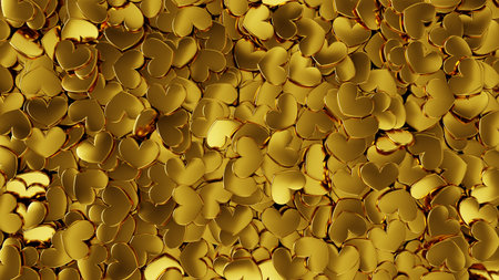 Heap from many small golden hearts. Valentine day design concept. Love background. 3D rendering...