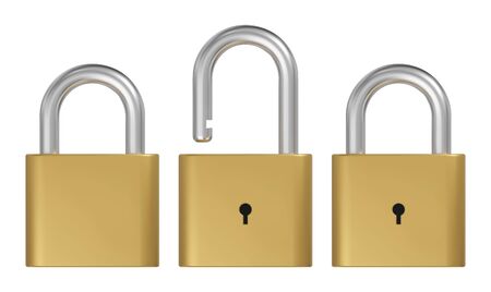 Opened and closed lock. Realistic golden padlock vector illustrationのイラスト素材