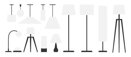 Floor and ceiling lamps furniture set. Vector flat illustration. Modern torchiere with white lampshadesのイラスト素材