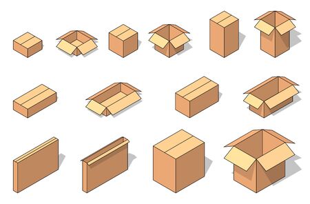 Isometric brown cardboard opened and closed box set. Vector illustration for moving service or warehouse designのイラスト素材