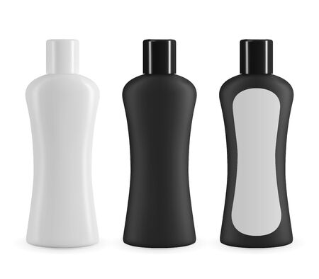 Black and white plastic cosmetic bottle whit lable. Realistic vector mockup for shampoo or shower gel designのイラスト素材